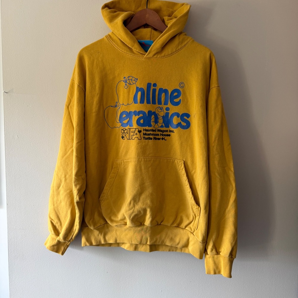 Online Ceramics Haunted Wagon Mushroom House Hoodie Yellow Mens Large